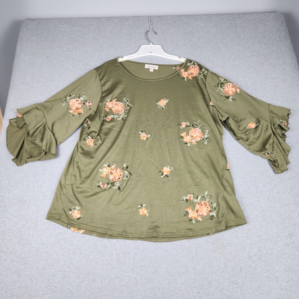 Anneliese Blouse Top Women 3X Olive Green Floral Embroidered Texture Bell Sleeve